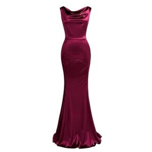 NWT Mermaid Sleeveless Cowl Neck Satin Evening Gown - Wine